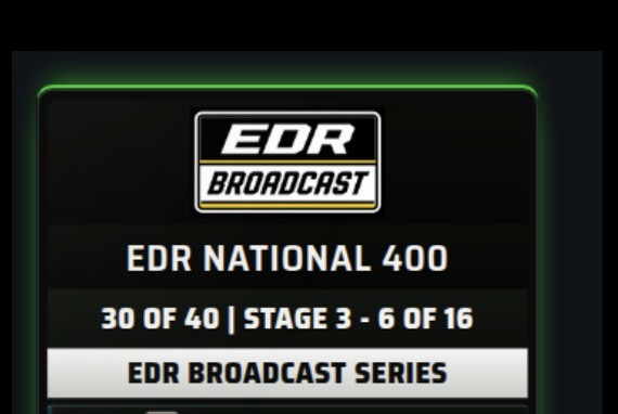 iRacing oval broadcast stage header showing lap 30 of 40 and stage 3 lap 6 of 16